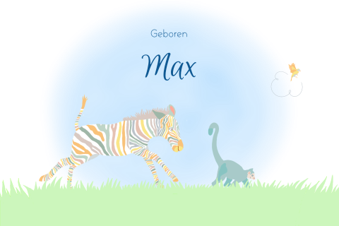 Geboortekaartje voor een jongen met zebra en maki aapje
