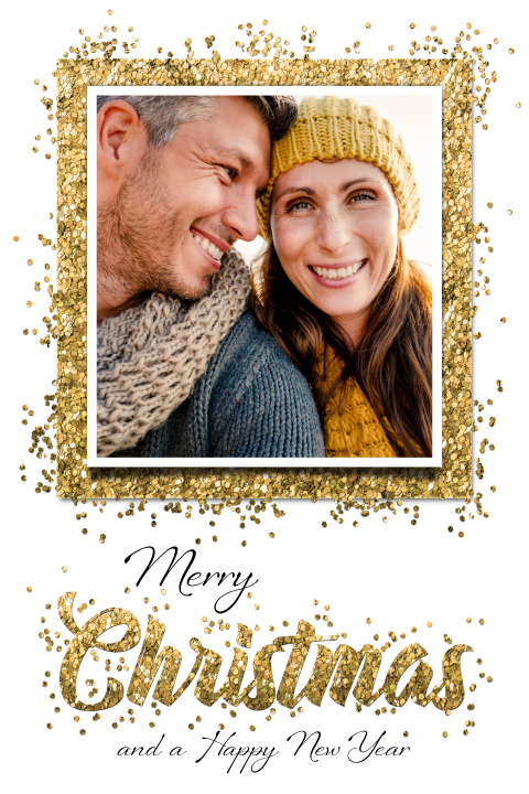 Kerstkaart confetti goudlook met fotokader