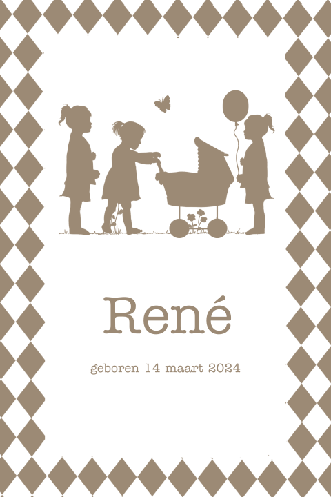 Geboortekaartje vierde kindje met zusjes wit en bruin