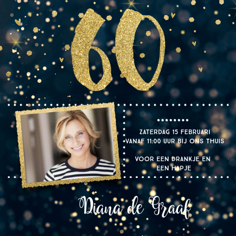 60 jaar verjaardag uitnodiging met goud en confetti