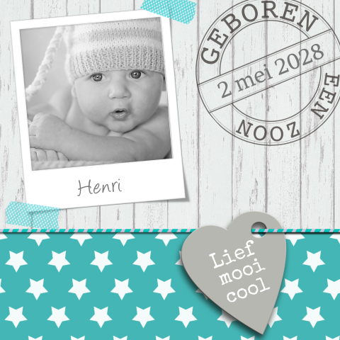 Mintgroen geboortekaartje jongen met sterren en stempel