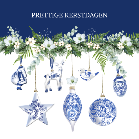 Kerstkaart met Delftsblauwe ornamenten