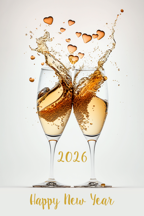 Nieuwjaarskaart met klinkende champagne glazen