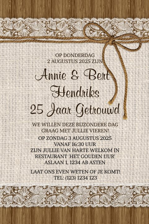 Rustieke jubileumuitnodiging 25 jaar met hout kant en jute
