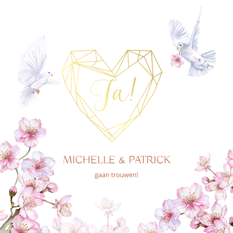 Trouwkaart met witte duiven, hart en bloesem