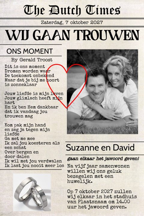 Trouwkaart krant met eigen foto op krantenpapier