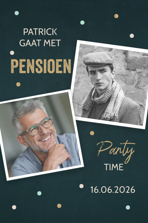 Uitnodiging pensioen met confetti en foto