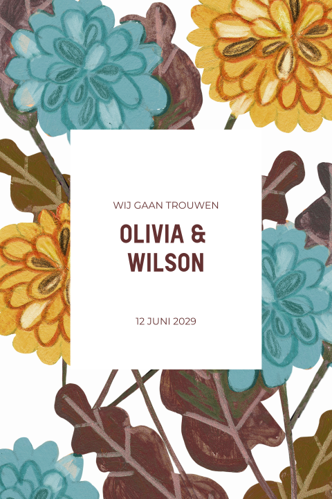 Prachtige trouwkaart met geschilderde bloemen