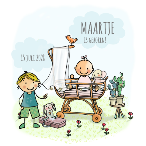 Leuk 2e kindje geboortekaartje getekend meisje en broer in wiegje