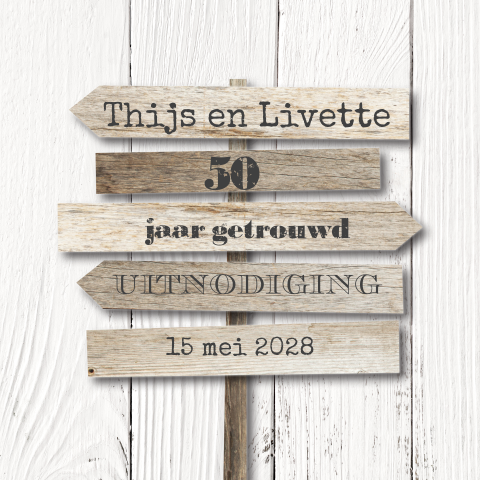 Uitnodiging jubileum 50 jaar getrouwd grijs hout en borden