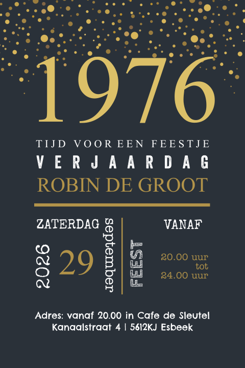 Uitnodiging 50e verjaardag staand 1976 zwart goud