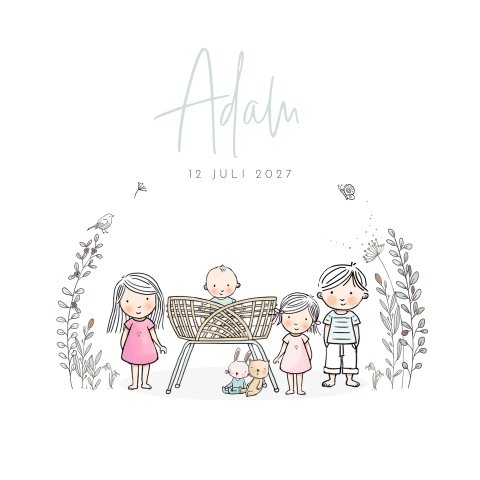 Geboortekaartje vierde kindje jongen in een wieg