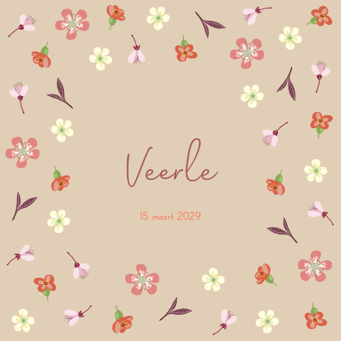 Geboortekaartje meisje bloemen in roze en rood op zand