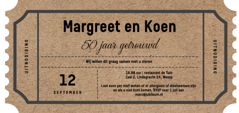 Uitnodiging jubileum gestanst als ticket 50 jaar getrouwd