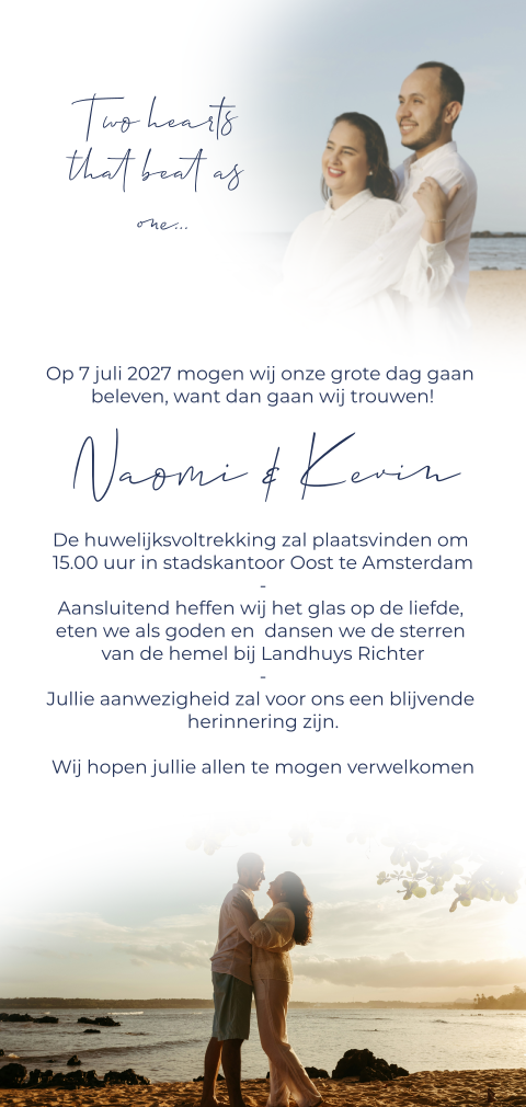 Moderne trouwkaart met 2 vervagende foto's 