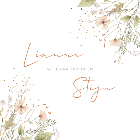 Trouwkaart met veldbloemen en glitterlook
