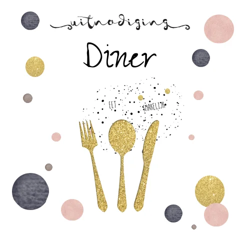 Jubileum uitnodiging kaart diner etentje met gouden bestek en confetti