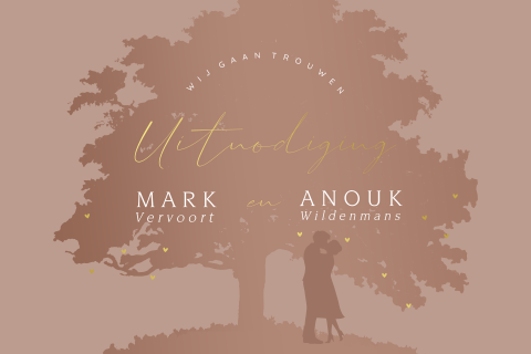 Trouwkaart boom met silhouet van een bruidspaar