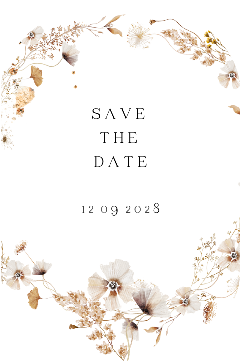 Save the date kaart ovaal met aarde tinten bloemen