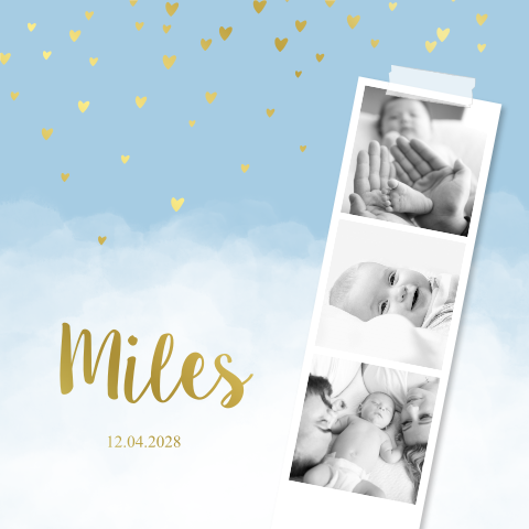 Geboortekaartje jongen fotostrip wolken hartjes goudfolie