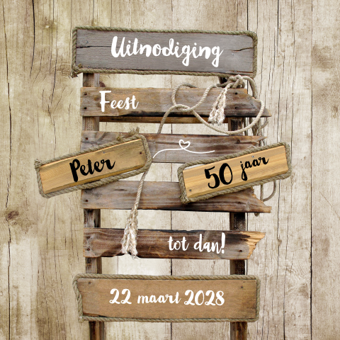 Uitnodiging Feestje Verjaardag 50 jaar met pallet hout bordjes