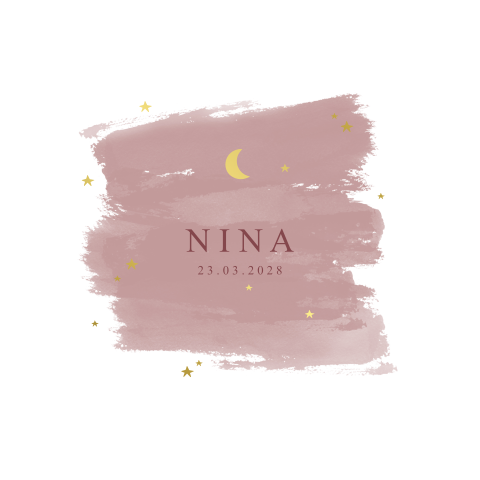 Geboortekaartje sterren maan waterverf goudfolie oudroze