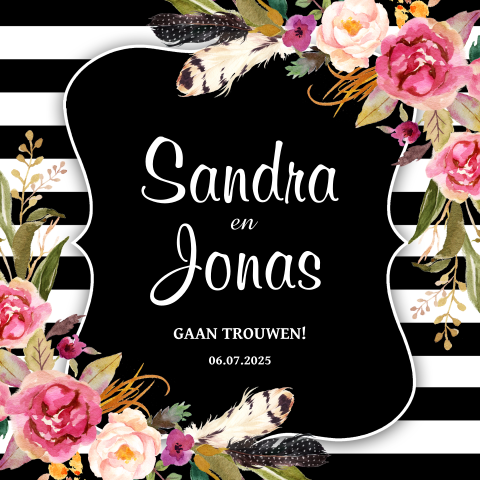 Romantische trouwkaart met strepen en waterverf bloemen