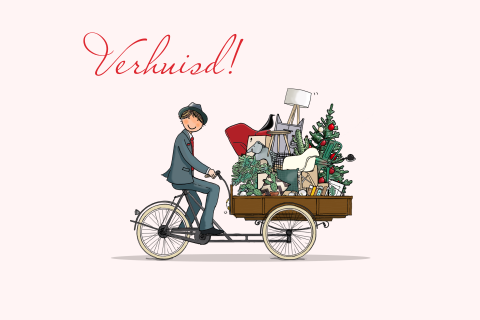Kerst verhuiskaart getekende bakfiets