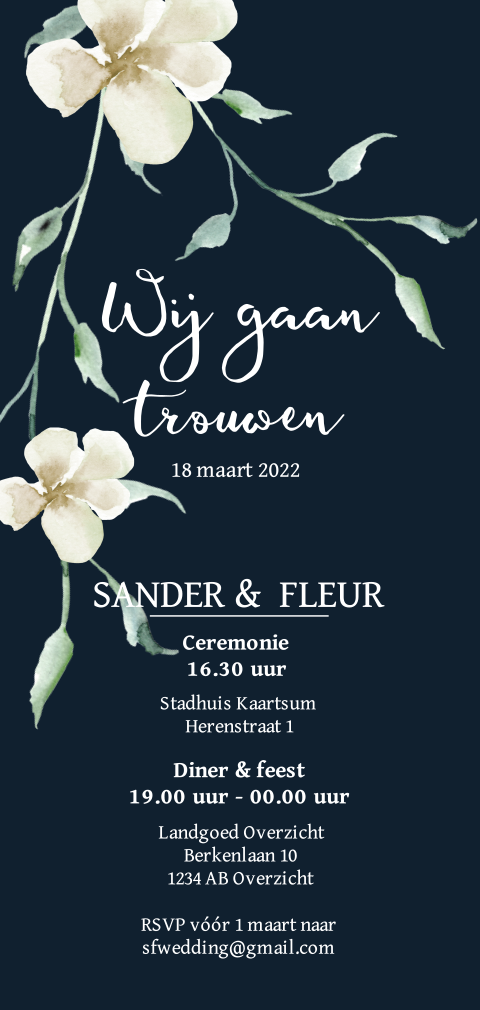 Trouwkaart navy blauw met witte bloemen