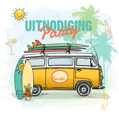 Uitnodiging party feestje met vrolijk vw busje