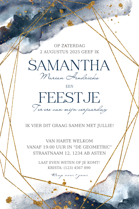 Uitnodiging voor verjaardag blauw aquarel goud geometrisch