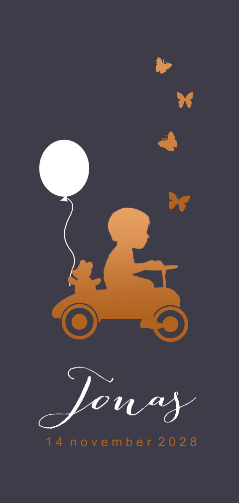 Langwerpig geboortekaartje jongen op auto in donkerblauw