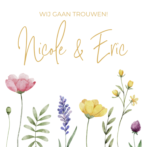 Voorbeeld trouwkaart met veldbloemen in frisse kleuren