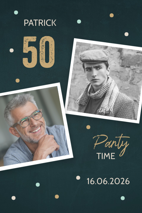 Uitnodiging 50e verjaardag man met confetti en 2 foto's
