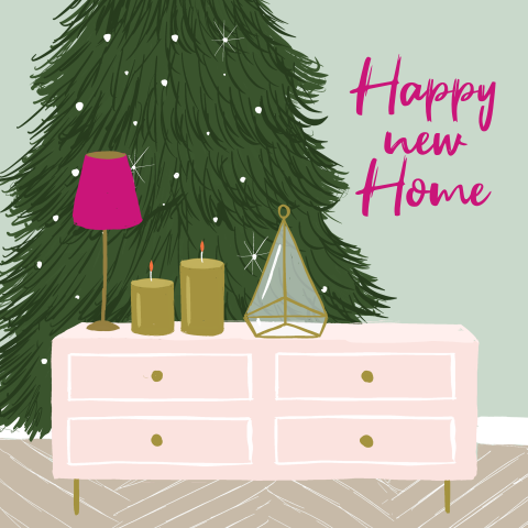 Kerstkaart verhuiskaart interieur kerstboom