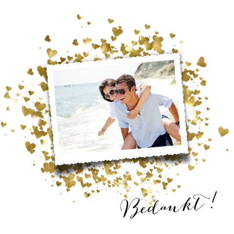 Hippe bedankkaart met gouden hartjes en foto