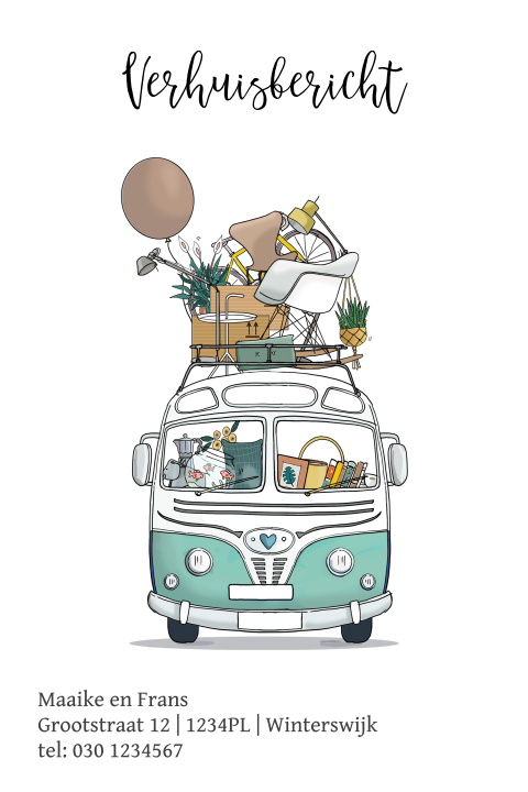 Grappige verhuiskaart met retro verhuis busje voorkant