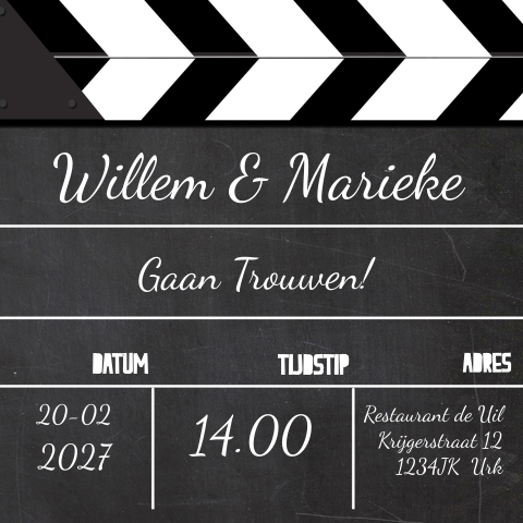 Leuke trouwkaart met film klapper zwart wit scenebord