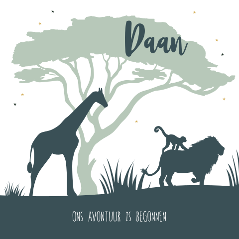 Jungle geboortekaartje jongen met giraffe en leeuw