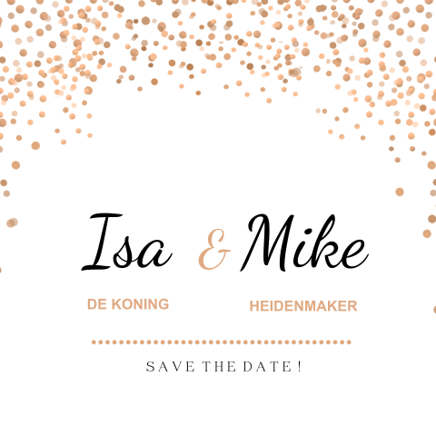 Stijlvolle trendy save the date kaart met koper confetti