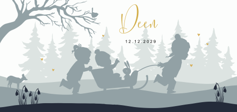 Langwerpige geboortekaart jongen 3e kindje met slee