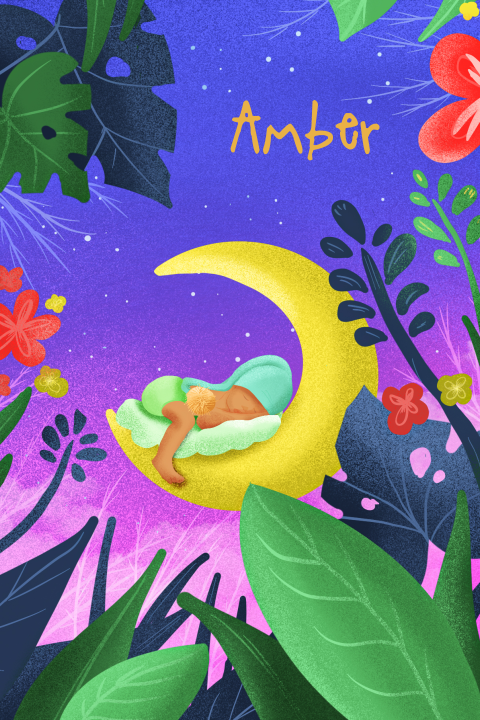 Kleurrijk geboortekaartje meisje slaapt op maan 