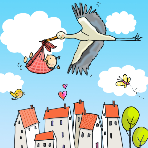 Geboortekaartje meisje ooievaar door lucht over huizen