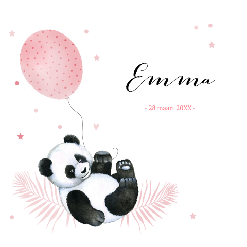Geboortekaartje meisje panda met een roze ballon