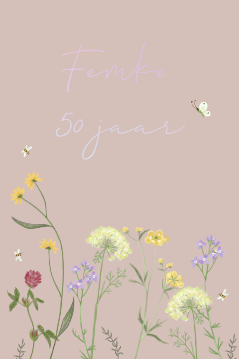 Uitnodiging vrouw 50e verjaardag bloemen en insecten