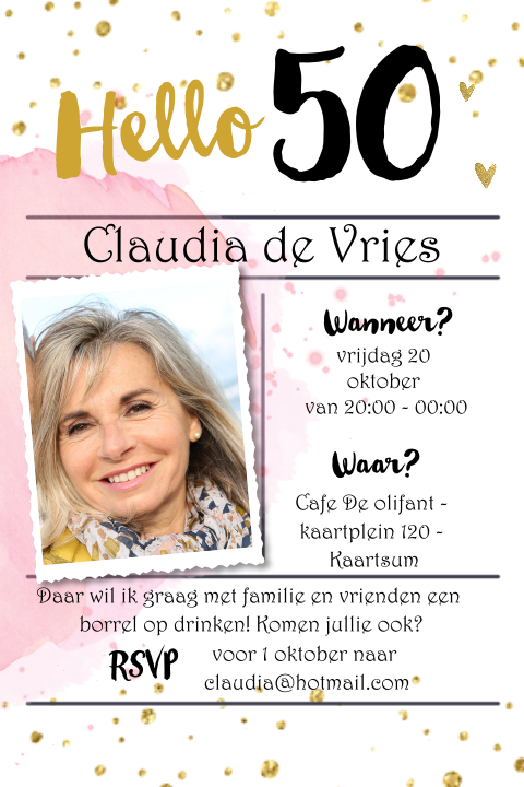 Uitnodiging 50 jaar verjaardag vrouw met roze confetti en typografie