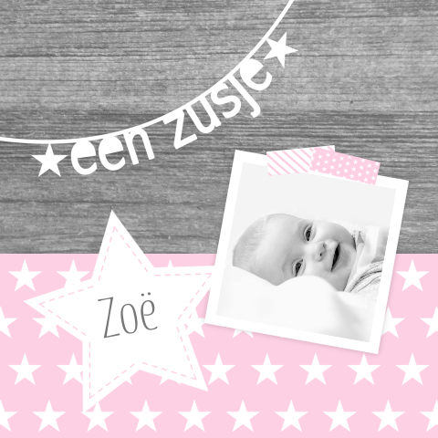 Geboortekaartje zusje letterslinger en sterren 