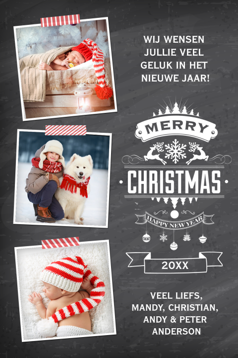 Krijtbord kerstkaart met foto's familie