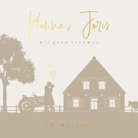 Trouwkaart met silhouet van een boederij traktor en bruidspaar