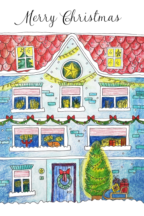 Kerstkaart met tekening van kersthuis met lampjes en versiering